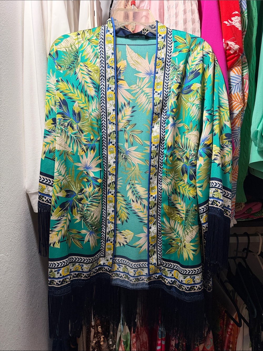 Tropical Print Fringe Kimono Jacket - Shein